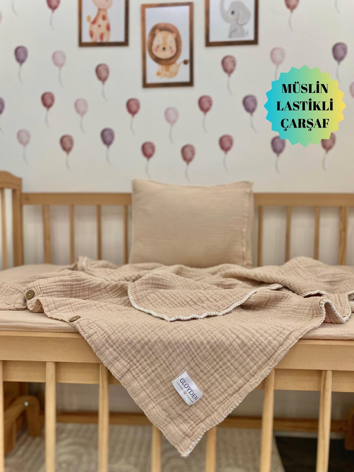 Bebek Nevresim Takımı Müslin Bej – Müslin Lastikli Çarşaflı