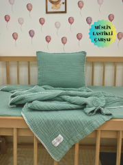 Bebek Nevresim Takımı Müslin Yeşil – Müslin Lastikli Çarşaflı